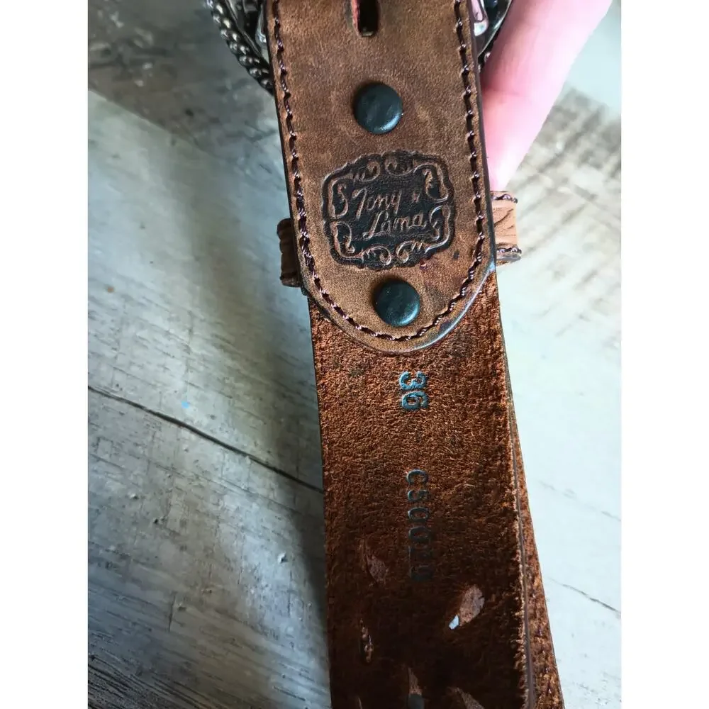Tony Lama Womens Bark Pierced Filigree Trophy Belt 36 Tooled Leather Western